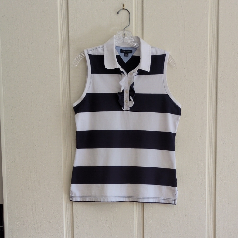 Tommy Hilfiger Navy and White Striped Sleeveless Shirt.